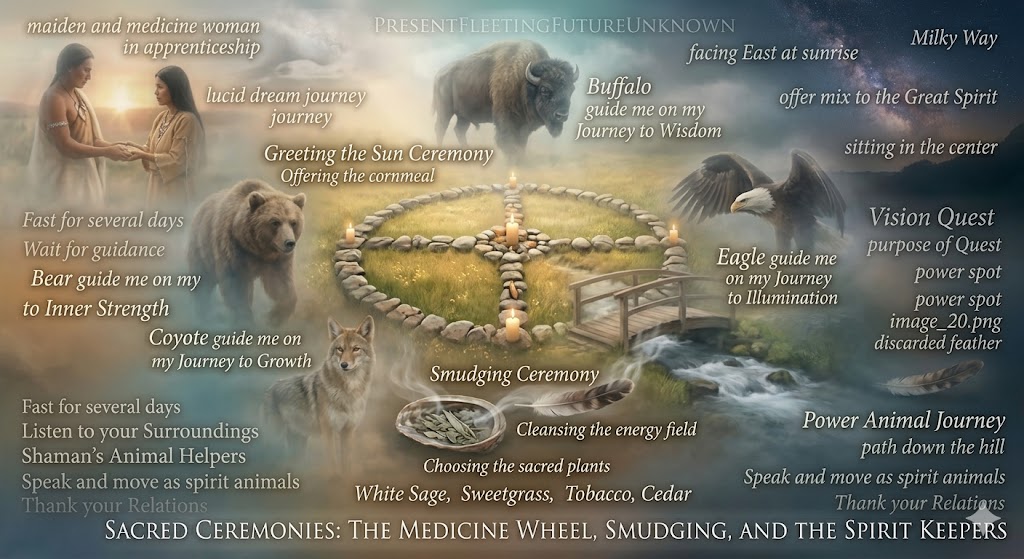 A serene AI collage showing a medicine wheel made of stones, a smudging shell with sage smoke, a feather, and an eagle soaring toward the rising sun.