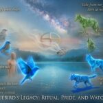 A vibrant folk-tale collage illustrating the Native American legend of the BlueBird and Coyote, showing the blue water transformation ritual, the Coyote's vanity, and the final scene of him as the color of dust.