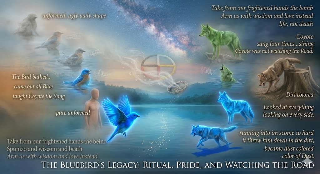 A vibrant folk-tale collage illustrating the Native American legend of the BlueBird and Coyote, showing the blue water transformation ritual, the Coyote's vanity, and the final scene of him as the color of dust.