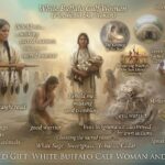 A sacred AI collage of the White Buffalo Calf Woman in white buckskin presenting the sacred pipe to the Sioux, featuring the Seven Sacred Rites, the red stone pipe bowl, and her transformation into a white buffalo calf.