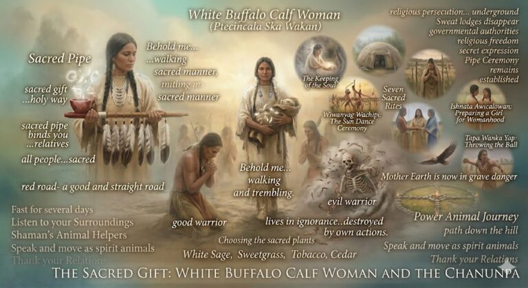 A sacred AI collage of the White Buffalo Calf Woman in white buckskin presenting the sacred pipe to the Sioux, featuring the Seven Sacred Rites, the red stone pipe bowl, and her transformation into a white buffalo calf.
