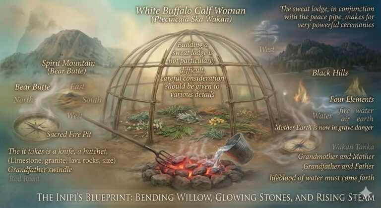 A detailed AI collage showing the willow frame of a sweat lodge, a glowing fire pit with red-hot rocks, and a completed lodge covered in blankets under a starry sky.