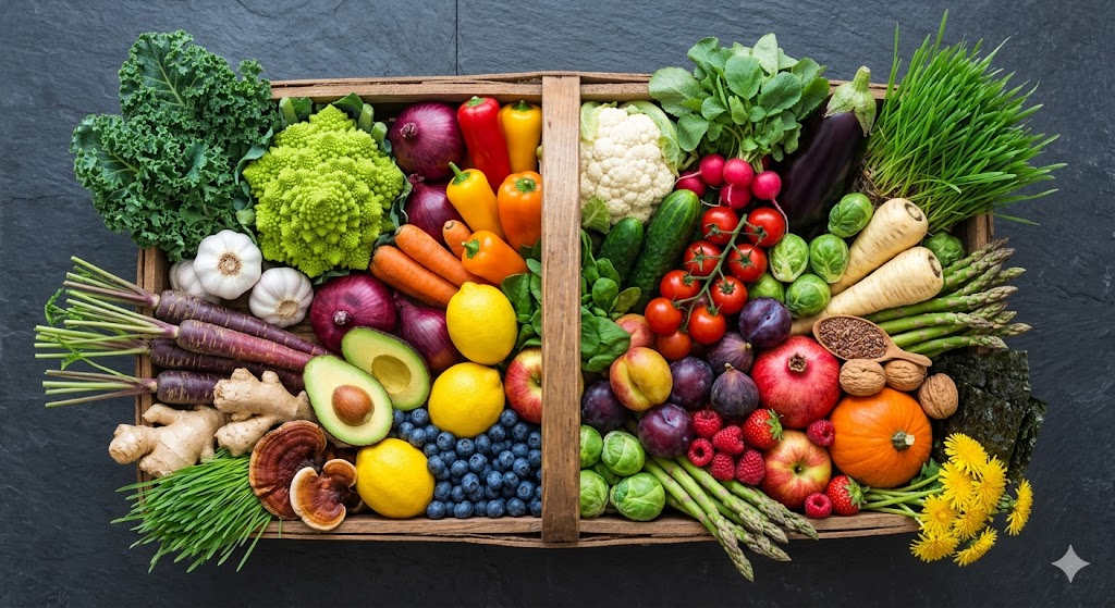 A diverse harvest basket of 35 different plant species for gut microbiome health and alkaline pH balance.