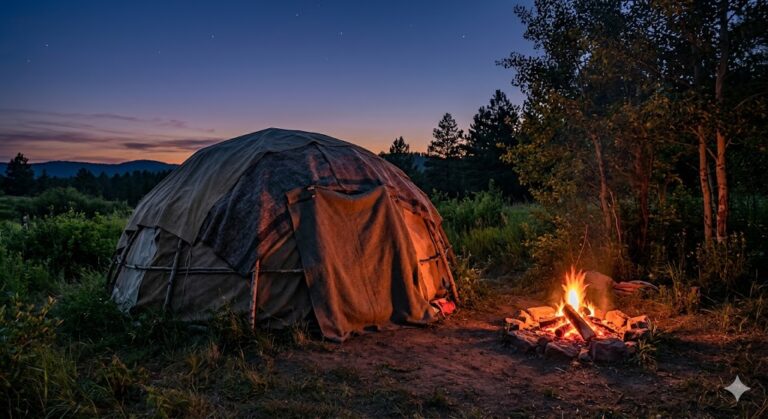 A constructed traditional Inipi (Sweat Lodge) at dusk with the entrance flap closed and a sacred fire glowing in the foreground.