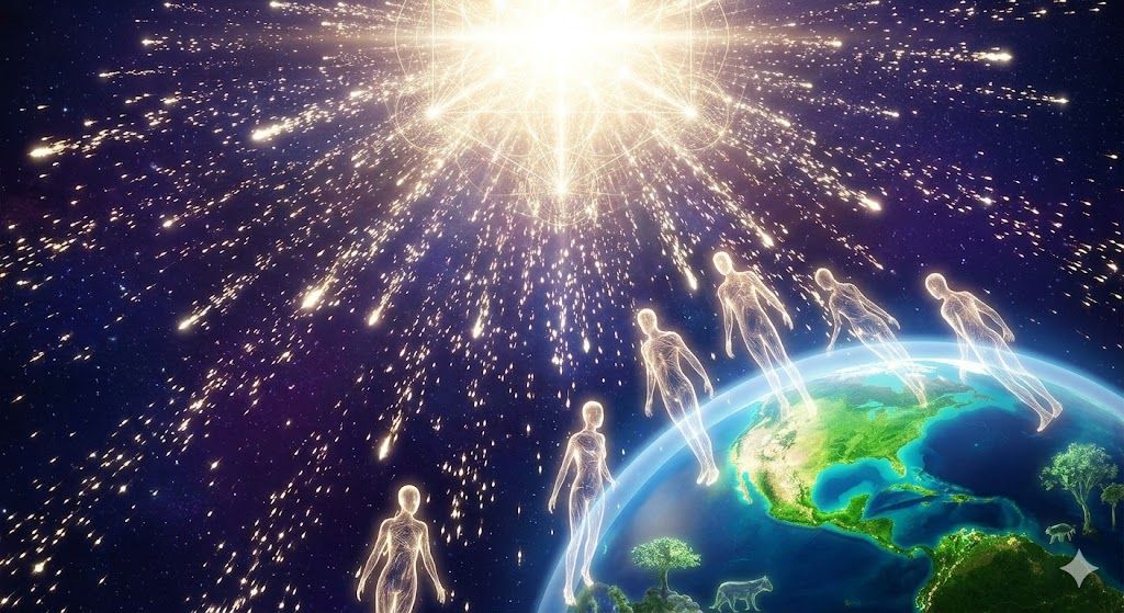A cosmic visualization illustrating the descent of trillions of sparks of light, or souls, from a central divine source toward a primitive Earth, as described in Dr. Stone’s Encyclopedia of Ascension.