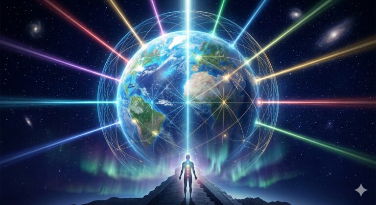 A visualization of the Atlantis Grid, a geometric network of blue and gold energy lines enveloping the Earth, with thirteen distinct cosmic rays of light beaming from the universe into key planetary vortex points, initiating DNA transformation.