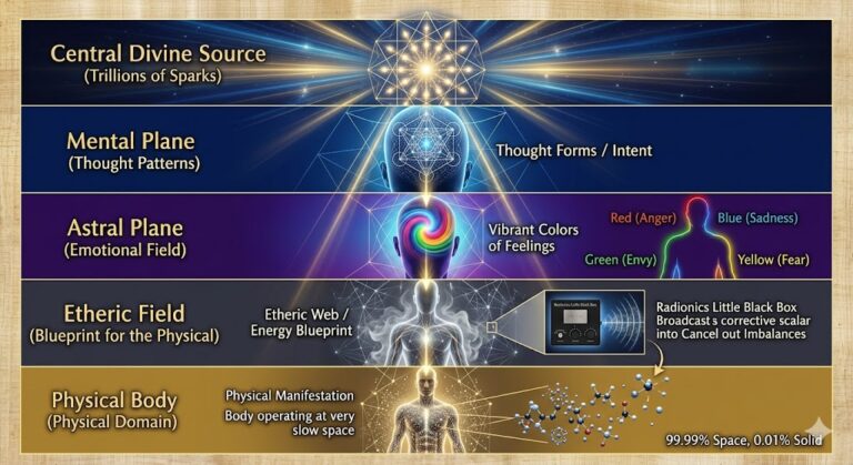 diagram illustrating the downward cascade of energy from the Mental and Astral planes through the Etheric field into the Physical body, used in Radionics theory.