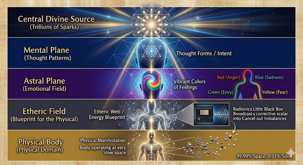 diagram illustrating the downward cascade of energy from the Mental and Astral planes through the Etheric field into the Physical body, used in Radionics theory.