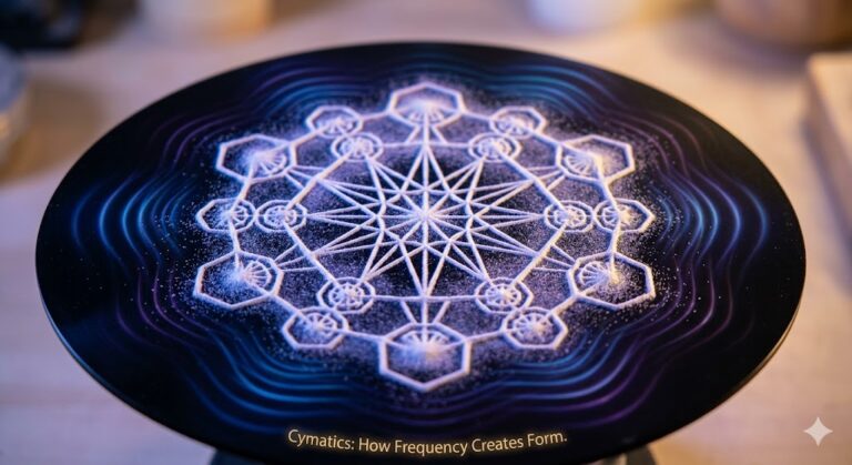 A symmetrical Cymatics pattern formed in white powder by a sound frequency, illustrating how healing frequencies create intelligent, geometric structure in matter.