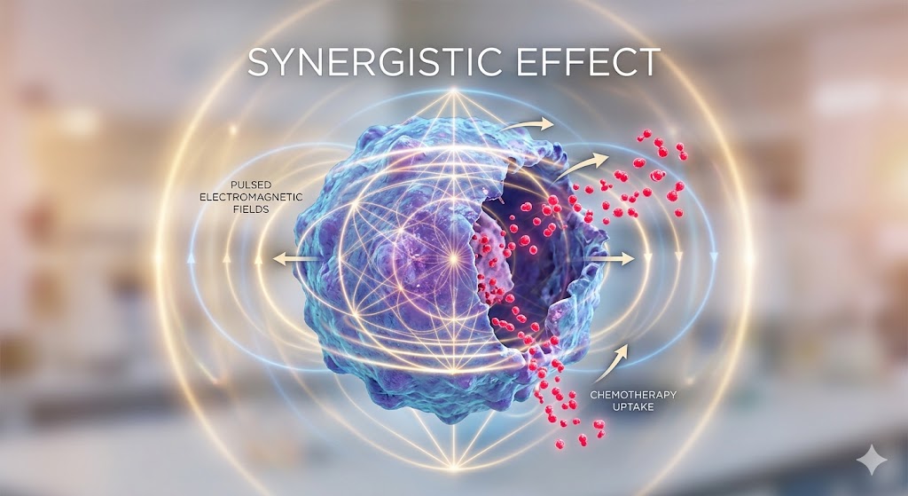 Microscopic visualization of PEMF waves interacting with a tumor cell to increase chemotherapy permeability.