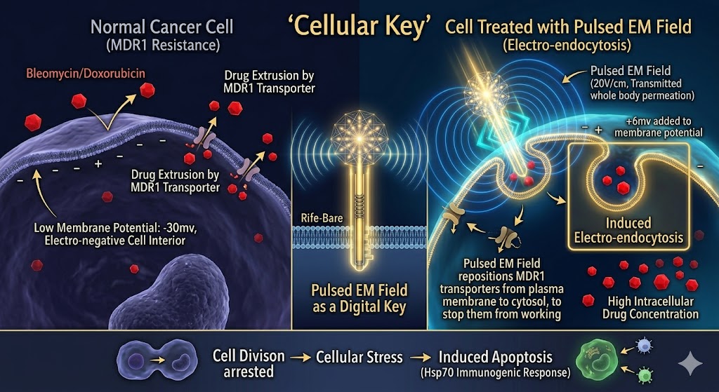 Diagram showing how pulsed electromagnetic fields facilitate electro-endocytosis in cancer cells.