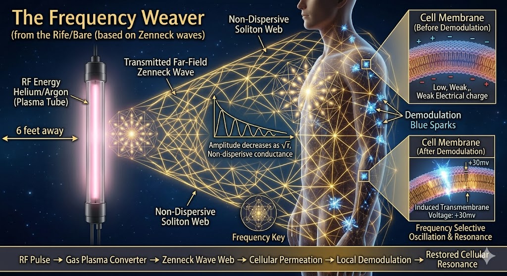 Diagram showing a transmitted Zenneck wave from a plasma tube permeating the human body to create local voltage at cell membranes.
