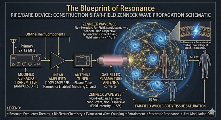 Blueprint diagram showing the construction and operation of a Rife/Bare device, illustrating far-field whole-body tissue saturation via a Zenneck wave.