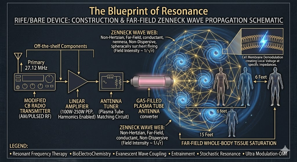 Blueprint diagram showing the construction and operation of a Rife/Bare device, illustrating far-field whole-body tissue saturation via a Zenneck wave.