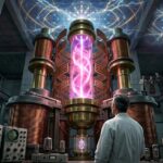 The massive M-600 Prioré Machine in Bordeaux, showing the 3-story tall glowing plasma tube and massive copper coils, as it emits a 'weave of light' frequency pattern.