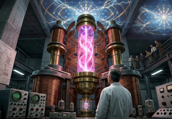 The massive M-600 Prioré Machine in Bordeaux, showing the 3-story tall glowing plasma tube and massive copper coils, as it emits a 'weave of light' frequency pattern.