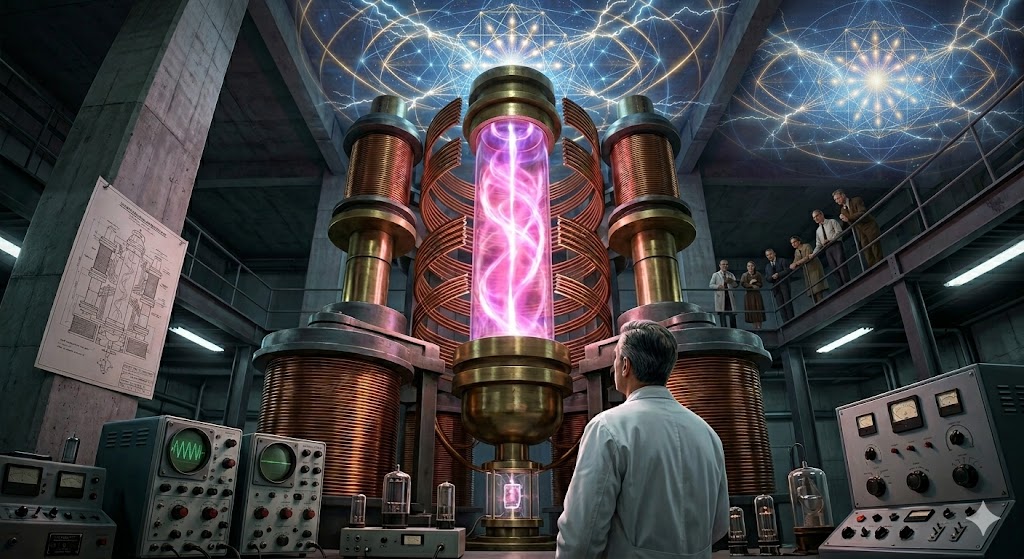 The massive M-600 Prioré Machine in Bordeaux, showing the 3-story tall glowing plasma tube and massive copper coils, as it emits a 'weave of light' frequency pattern.