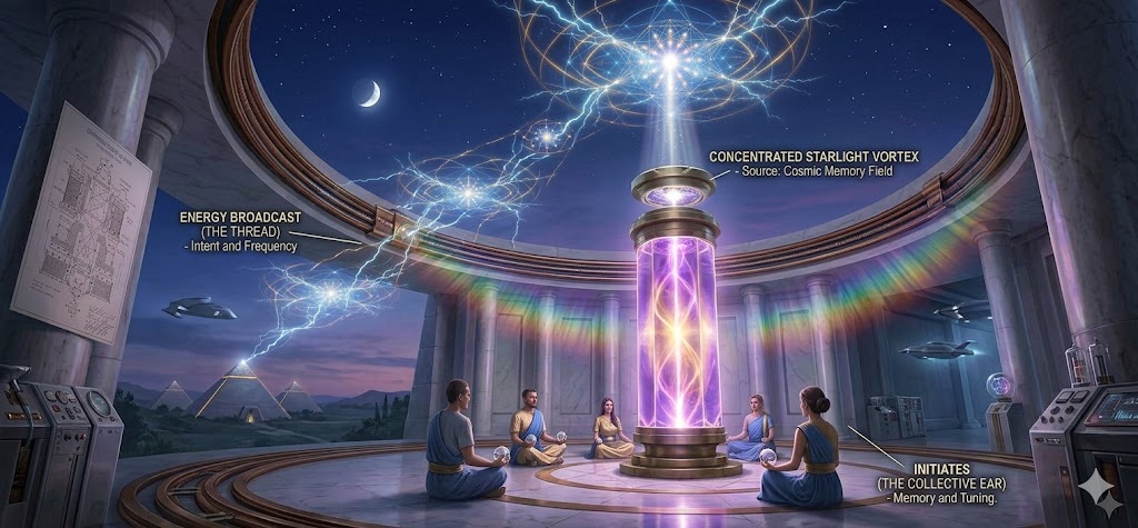 The massive Fire Crystal (Tuaoi Stone) inside an oval Atlantean temple, as its dome retracts to refract starlight into a sophisticated violet-gold energy spectrum.