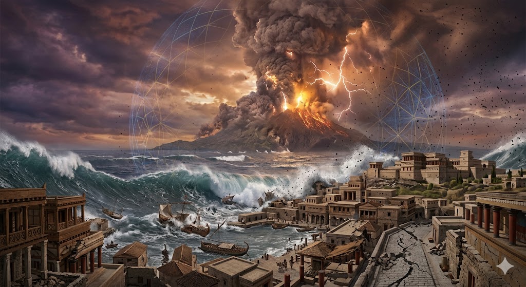 The Thera (Santorini) volcanic eruption and massive tsunami striking a coastal Minoan city, illustrating the cataclysmic end of Atlantis.