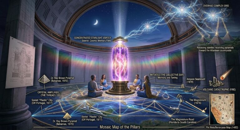 An intricate Atlantean floor mosaic map showing the Atlantic, with glowing blue and gold geometric lines connecting and labeling 24 'smoking gun' archaeological discovery points of Atlantis and Mu.