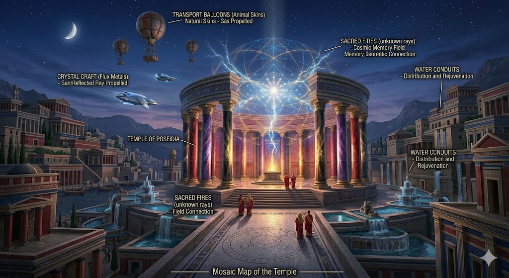 The multi-tiered stone city of Poseidia on the Bay of Parfa, featuring a massive temple with onyx and topaz columns refracting starlight and sun rays into an unknown spectrum, with crystal-powered crafts hovering above.