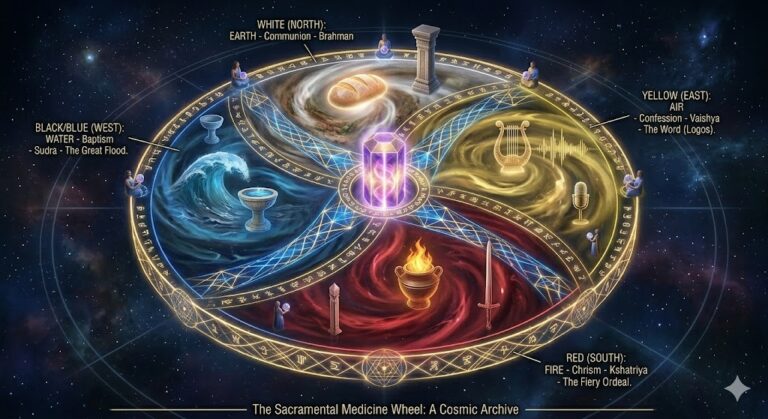 A high-tech holographic medicine wheel floating in a dark ethereal space, with four colored quadrants (White, Yellow, Red, Blue) swirling around a central pulsating Fire Crystal, connected by a golden 'Soul Thread' made of sacred geometry