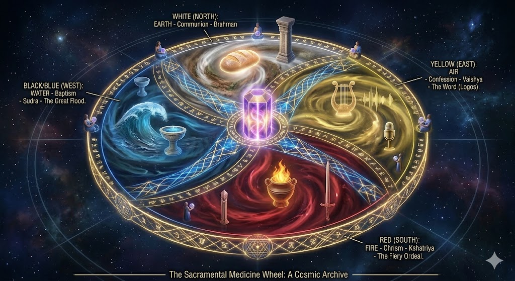 A high-tech holographic medicine wheel floating in a dark ethereal space, with four colored quadrants (White, Yellow, Red, Blue) swirling around a central pulsating Fire Crystal, connected by a golden 'Soul Thread' made of sacred geometry