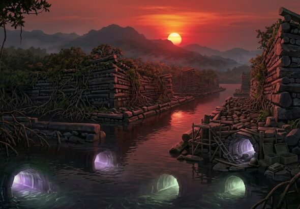 A panoramic photograph of the megalithic city of Nan Madol at sunset, with the horizontally stacked basalt columns reclaimed by dense mangroves, showing glowing, looted underwater tunnels radiating a violet and green light