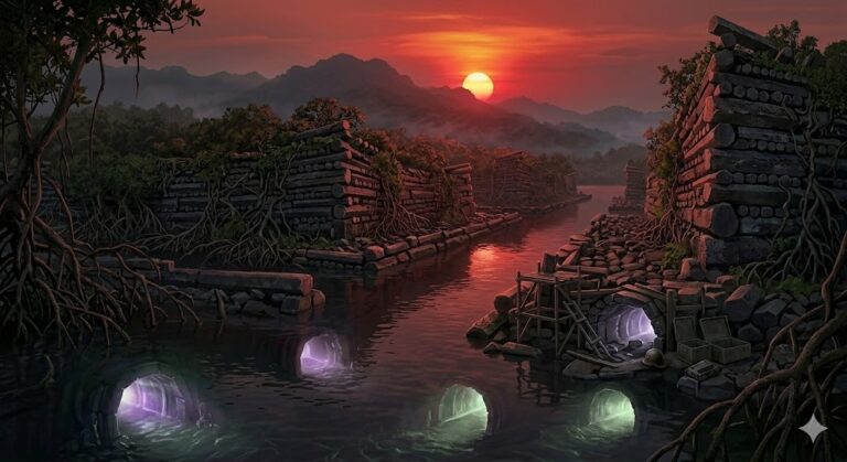 A panoramic photograph of the megalithic city of Nan Madol at sunset, with the horizontally stacked basalt columns reclaimed by dense mangroves, showing glowing, looted underwater tunnels radiating a violet and green light