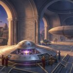 A magnificent stone Vimana Griha (hangar) in a Rishi City of the Rama Empire, where a saucer-shaped Vimana with mercury propulsion is being serviced by priestly engineers.