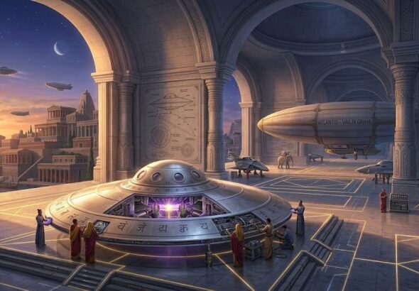 A magnificent stone Vimana Griha (hangar) in a Rishi City of the Rama Empire, where a saucer-shaped Vimana with mercury propulsion is being serviced by priestly engineers.