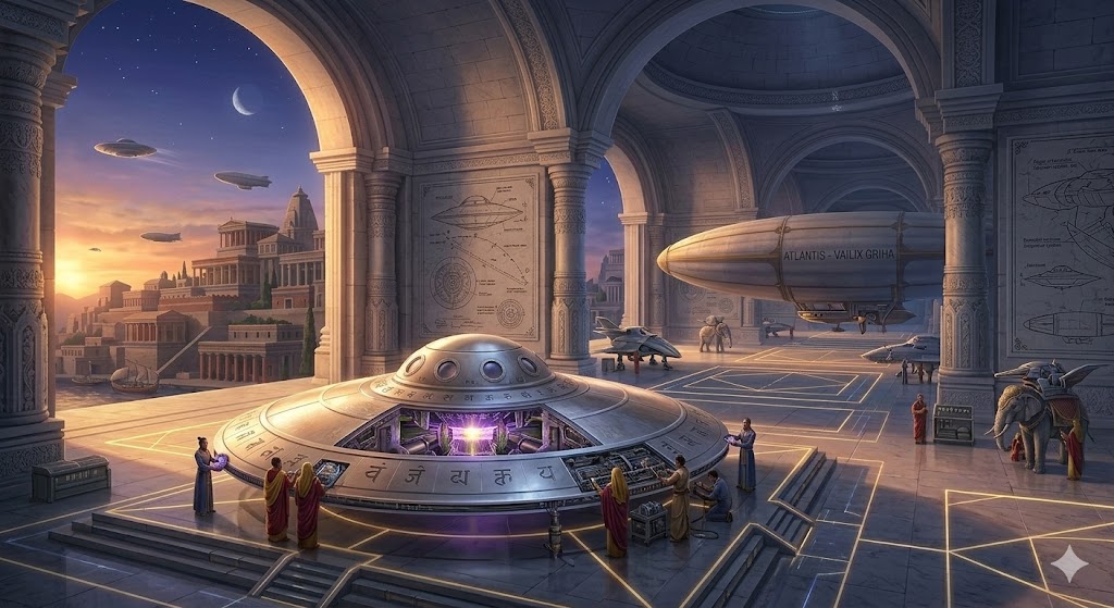 A magnificent stone Vimana Griha (hangar) in a Rishi City of the Rama Empire, where a saucer-shaped Vimana with mercury propulsion is being serviced by priestly engineers.