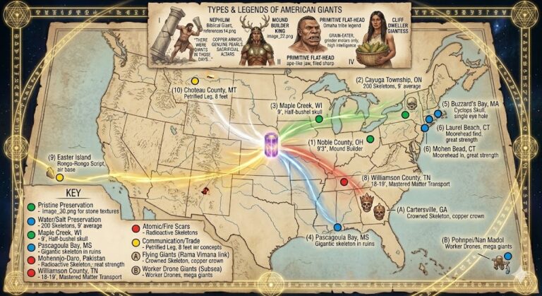 Map of historical giant skeleton discoveries in North America with newspaper account locations.