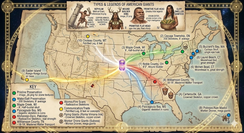 Map of historical giant skeleton discoveries in North America with newspaper account locations.