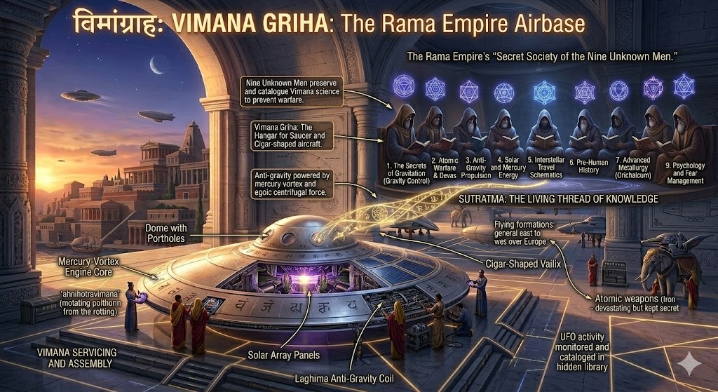 A Vimana Griha (hangar) of the Rama Empire, housing a saucer-shaped Vimana being serviced by priestly engineers using mercury propulsion.