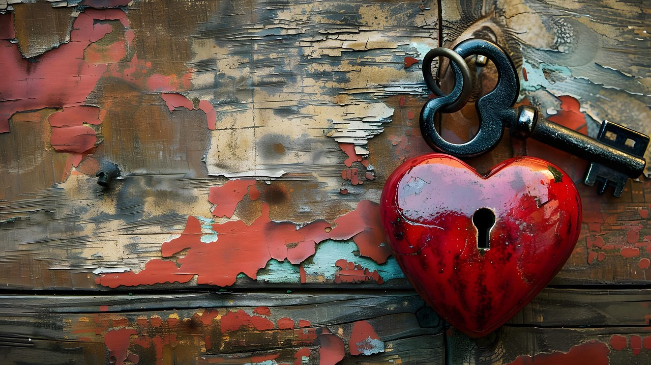 ai generated, lock, key, heart, vintage, rustic, lock and key, security, padlock, unlock, locked, old, metal, antique, keyhole, closed-8703178.jpg