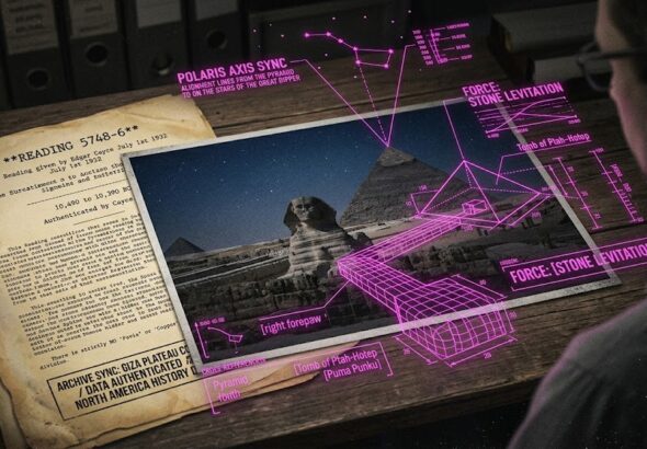 Photorealistic visualization of Edgar Cayce’s 1932 reading on the Sphinx and Great Pyramid with tactical HUD overlays.