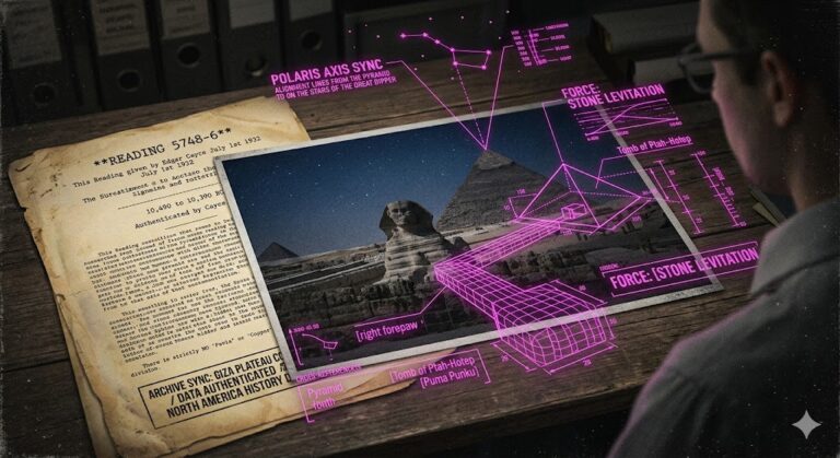 Photorealistic visualization of Edgar Cayce’s 1932 reading on the Sphinx and Great Pyramid with tactical HUD overlays.