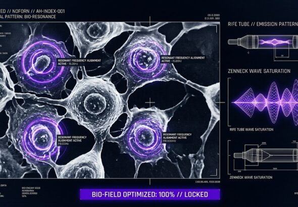 A tactical HUD visualization of cellular frequency healing and bio-resonant technology for the Think About It research archive.