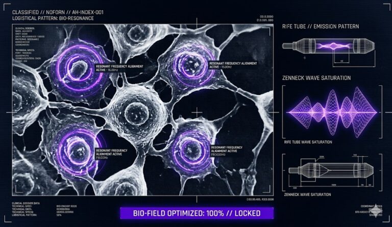 A tactical HUD visualization of cellular frequency healing and bio-resonant technology for the Think About It research archive.