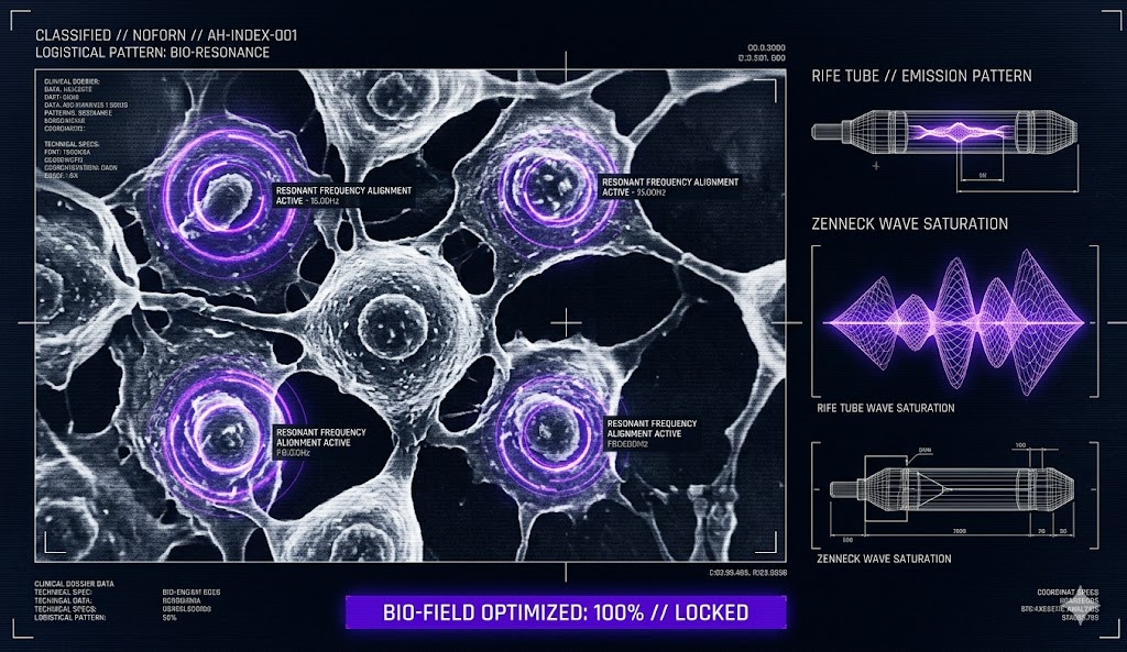 A tactical HUD visualization of cellular frequency healing and bio-resonant technology for the Think About It research archive.