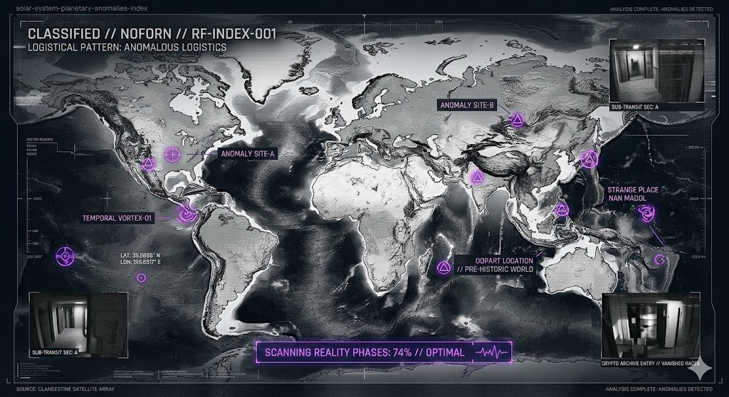 A tactical HUD visualization of global anomalies and temporal vortex sites for the Think About It research archive.