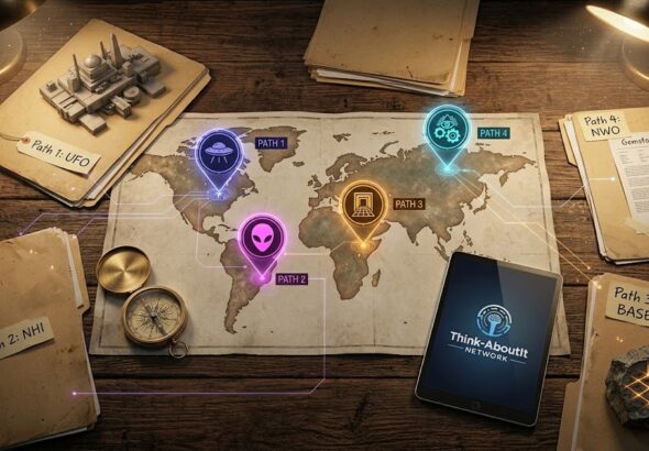 A tactical research map on a wooden desk showing four pathways: UFOs, Aliens, Subterranean Bases, and NWO suppression.