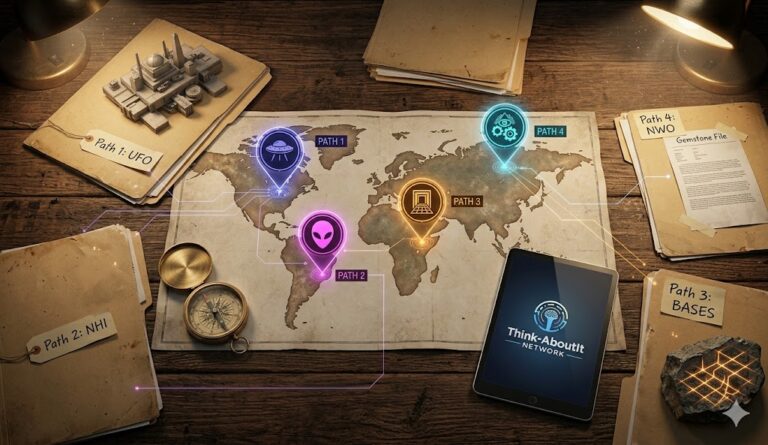 A tactical research map on a wooden desk showing four pathways: UFOs, Aliens, Subterranean Bases, and NWO suppression.