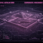Technical HUD visualization of an ancient Wisconsin mound, exploring the connection to the global grid.