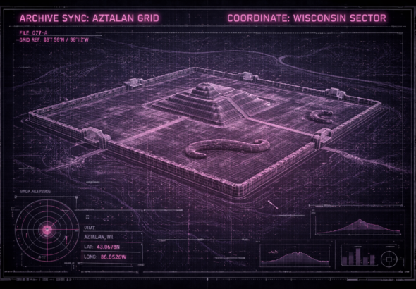 Technical HUD visualization of an ancient Wisconsin mound, exploring the connection to the global grid.