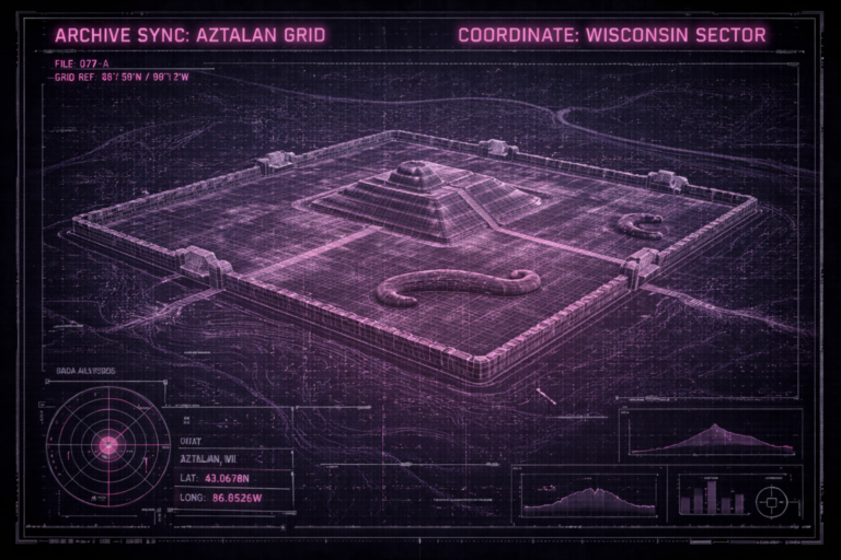Technical HUD visualization of an ancient Wisconsin mound, exploring the connection to the global grid.
