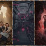 A photorealistic cinematic mosaic showing 1900s schoolgirls at Hanging Rock, a library archive HUD, and a red mist scene.