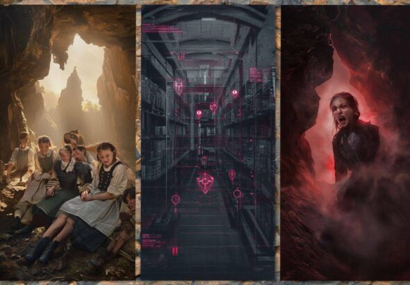 A photorealistic cinematic mosaic showing 1900s schoolgirls at Hanging Rock, a library archive HUD, and a red mist scene.