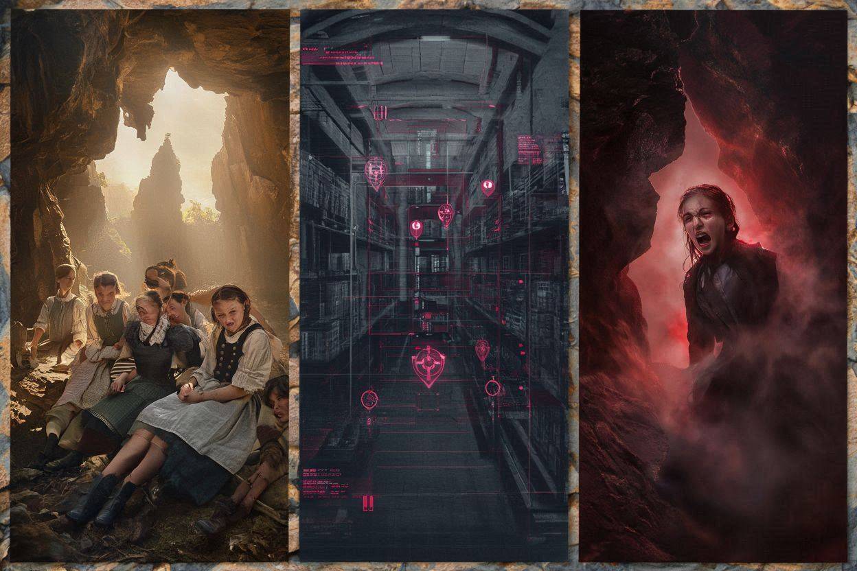 A photorealistic cinematic mosaic showing 1900s schoolgirls at Hanging Rock, a library archive HUD, and a red mist scene.